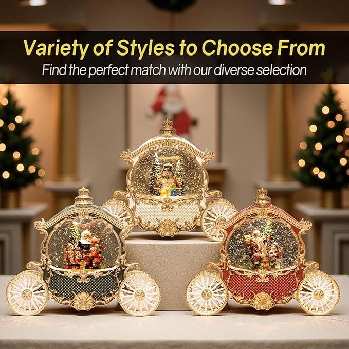 Christmas Green Carriage Snow Globe Lantern with Gift Box - Santa Scene Water Lantern with Glitter Snow - Musical Holiday Decor with LED Light - Battery Or USB Cable Powered Operated(Green with gold)