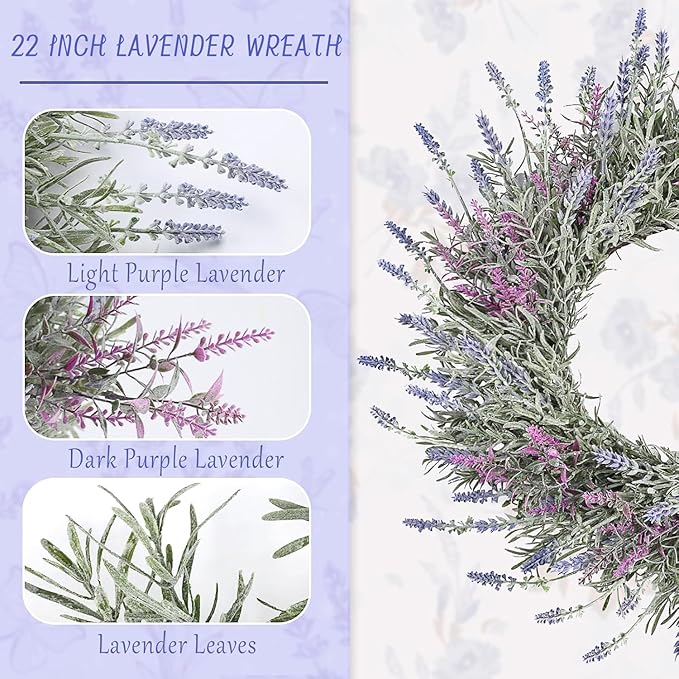 Lavender Wreaths for Front Door Summer Spring Easter Wreaths for Front Door Artificial Farmhouse for Wall Window Party Wedding Porch Room Home Decor(22 Inch)