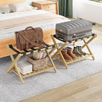 Smuxee Fully Assembled Luggage Rack Pack of 2, Upgraded Bamboo Foldable Suitcase Stand with 5 Nylon Straps, Luggage Holder with Shelf for Guest Room Bedroom Hotel