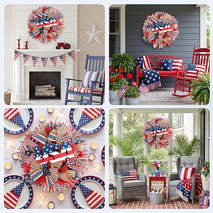 Patriotic Wreath for Front Door, 24 inch 4th of July Decorations with Red White Blue USA Tags for 250th Anniversary American Independence Day Memorial Day Decor