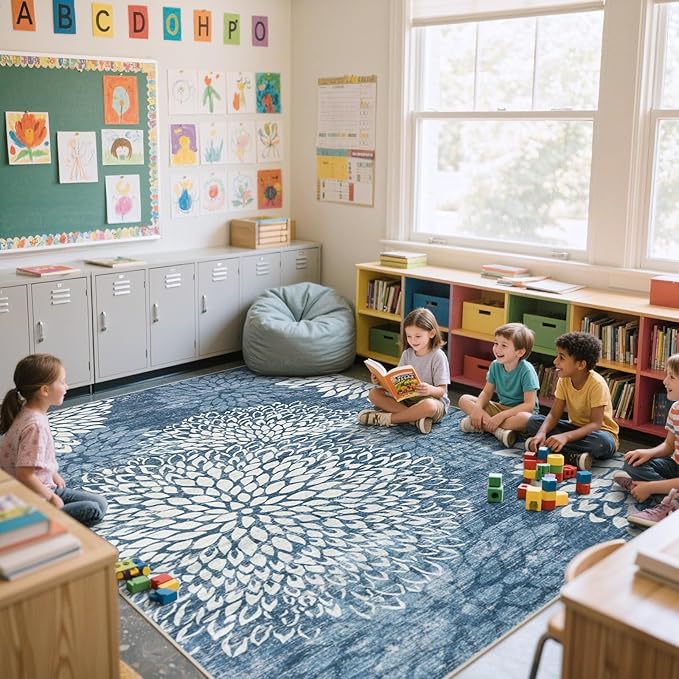 Dahlia 5x7 Blue Floral Rug for Bedroom, Low Pile Soft Washable Area Rugs for Living Room, Boho Non Slip Large Blue Carpet, Stain Resistant Throw Rug for Dining Room Home Office