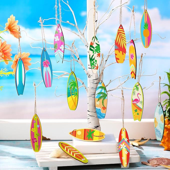 Geelin 36 Pcs Summer Wood Hanging Ornaments for Tree Mini Tree Decorations Hawaiian Beach Wooden Pendant Decorations with String for Luau Party Supplies(Surfboard)