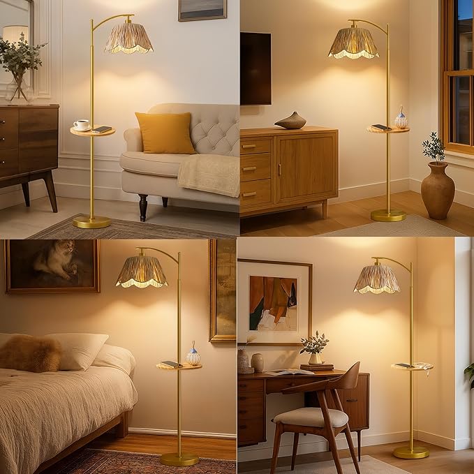 Oneach Floor Lamp with Table for Bedroom, Boho Standing Lamps with Foot Switch, Farmhouse Floor Lamp for Living Room, Arc Rattan Lamps with Gold Metal Base & Pole, Ideal for Home Décor