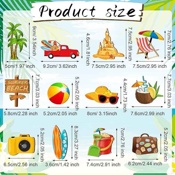 Geelin 36 Pcs Summer Wood Hanging Ornaments for Tree Mini Tree Decorations Hawaiian Beach Wooden Pendant Decorations with String for Luau Party Supplies(Beach)