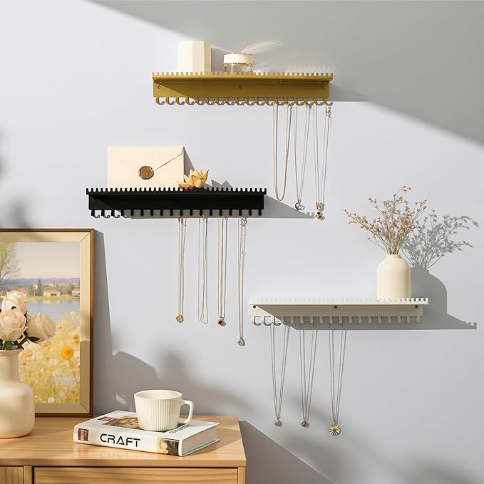 Necklace Holder Wall Hanging Organizer: Wall Mounted Jewelry Shelf with 56 Hooks and Tray, Display Hanger for Kids, Girls and Women, Black & Metal