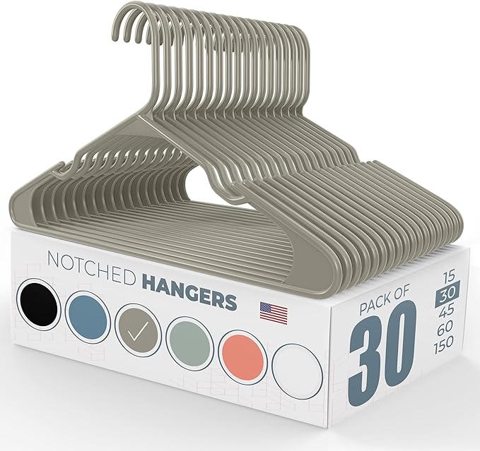 Neaties Plastic Hangers 30 Pack – Made in The USA – 6lb Capacity Standard Clothes Hangers with Notches and Reinforced Edges for Dresses, Lingerie, Shirts, Pants, and Jackets – Gray
