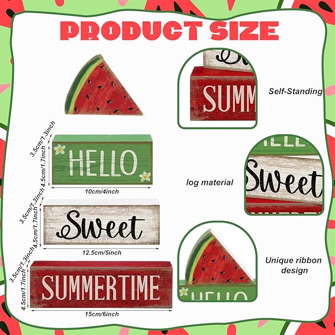 Moucuny 4 Pcs Summer Wooden Table Decor Watermelon Tiered Tray Decor Farmhouse Table Decoration Hello Sweet Watermelon Book Block Summer Decoration for Home Office Kitchen Mantel Shelf