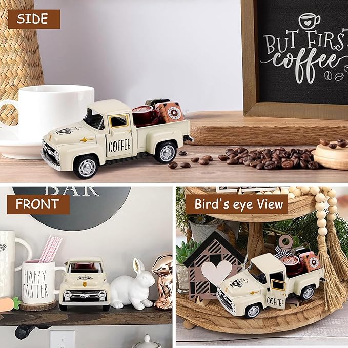 Cream Coffee Truck Decoration, Coffee Lover Truck Decor Themed Ornaments, Rustic Farmhouse Kitchen Tabletop CenterpieceTiered Tray Decor, Barista Gift