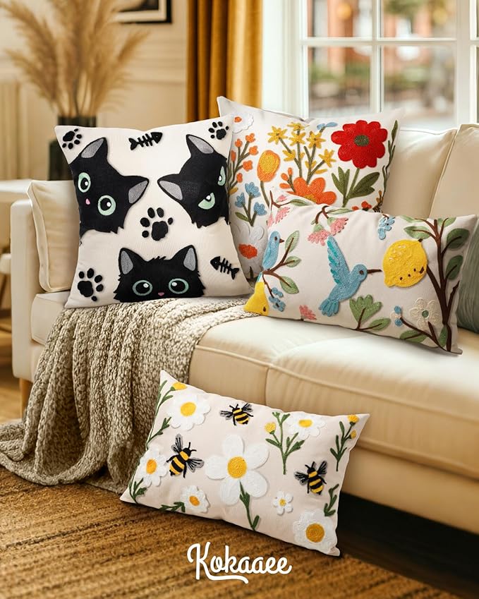 Embroidered Lumbar Pillow Cover 20x12 Inch - Spring Summer Boho Decorative Pillow Cover with Zipper for Living Room Couch Sofa Bed Aesthetic Design Flower Bee Cushion Pillowcase