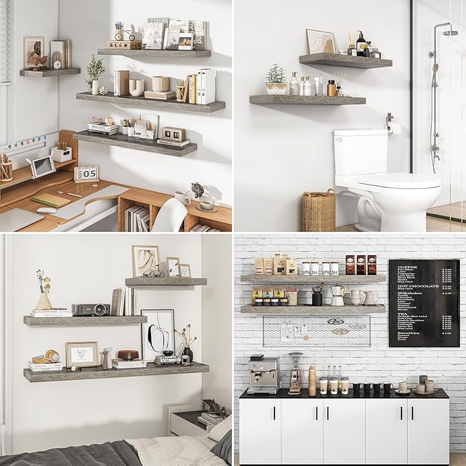 RICHFOCUS 55Inch Floating Shelves for Wall 2 Pack Shelves for Bedroom|Kitchen|Bathroom Wall Mounted Rustic Wood Floating Shelf with Invisible Brackets for Books|Storage|Decor, Grey