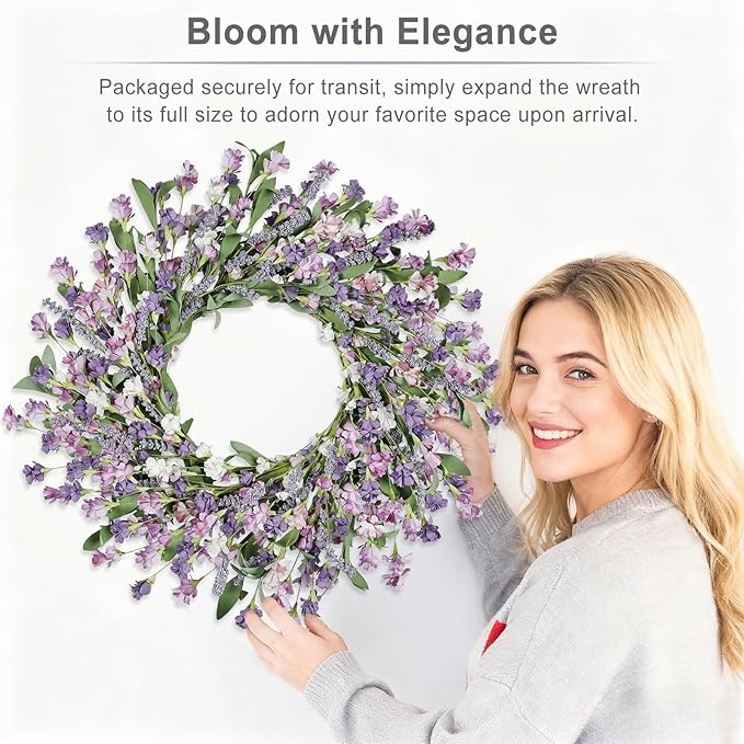 Artgar Front Door Wreath 24 Inch Spring/Summer Wreaths for Front Door, Front Door Wreaths for All Seasons for Indoor Outdoor Home Office Wall Window Wedding Farmhouse Decor (Purple)