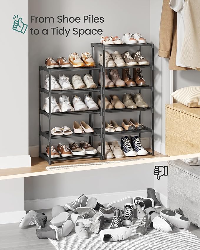 SONGMICS Shoe Rack, 10-Tier Shoe Organizer, Metal Storage Shelf, Upright or Upside Down, for 11-22 Pairs, for Entryway, 11.8 x 17.7 x 68.5 Inches, Black ULSA25BK