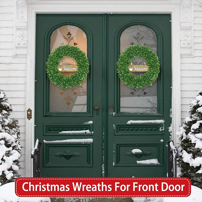 22 Inch Boxwood Wreath for Front Door Realistic with Welcome Sign Faux Easter Green Preserved Boxwood Wreaths Outdoor Spring Wreaths for Front Door Outside for Porch Farmhouse Wall Home Decor