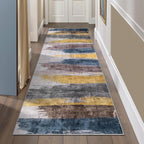 Ciicool 2'6"x10' Washable Runner Rug, Modern Abstract Hallway Rugs Runner, Non-Slip Thin Accent Rug Lightweight Yellow Grey Distressed Carpet Runners for Laundry Entryway Bedroom Kitchen Indoor