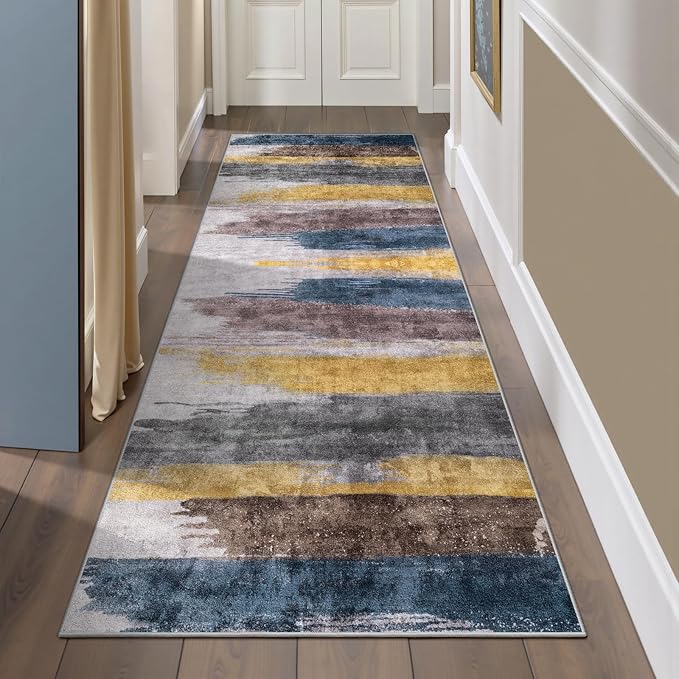 Ciicool 2'6 "x8' Washable Runner Rug, Modern Abstract Hallway Rugs Runner, Non-Slip Thin Accent Rug Lightweight Yellow Gray Distressed Carpet Runners for Laundry Entryway Bedroom Kitchen Indoor
