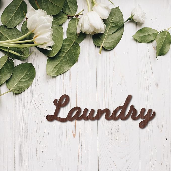 CREATCABIN Cutout Sign Laundry Letter Wooden Wall Art Decor Wood Word Sculpture Signs Rustic Farmhouse for Housewarming Home Front Door Entryway Wall Decoration, Brown, 11.9 x 3.7inch