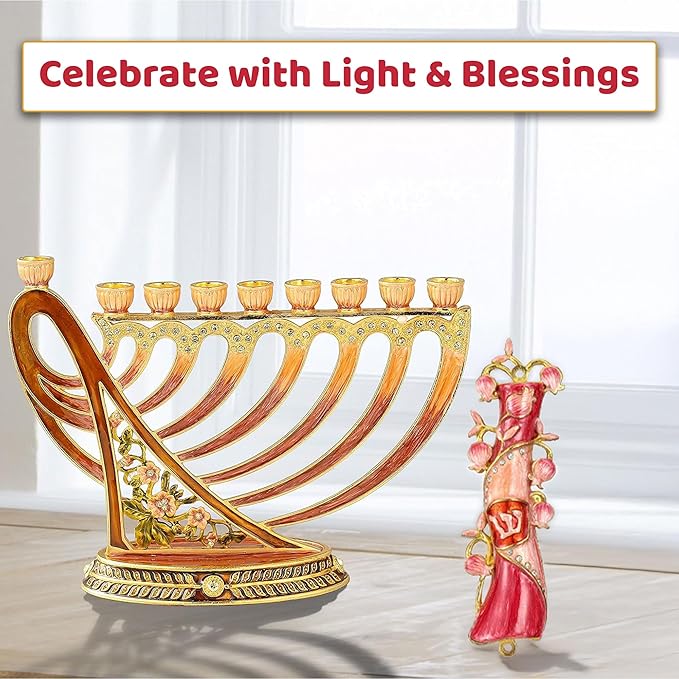 Matashi Hand Painted Mezuzah Gold Plated and Crystals (Red & Pink Enamel Mezuzah)