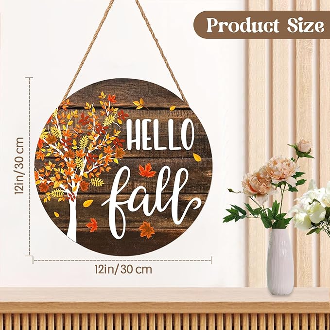 Hello Fall Wreath for Front Door Fall Tree Welcome Door Sign 12x12 Inch Autumn Maple Leaves Wood Door Hanger Farmhouse Thanksgiving Hanging Plaque for Home Porch Wall Indoor Outdoor Decorations