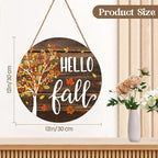 Hello Fall Wreath for Front Door Fall Tree Welcome Door Sign 12x12 Inch Autumn Maple Leaves Wood Door Hanger Farmhouse Thanksgiving Hanging Plaque for Home Porch Wall Indoor Outdoor Decorations