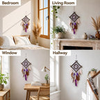 Rattan Dream Catchers with Peacock Feather, Boho Wall Decor Rustic Wooden Native American Wall Art for Bedroom Living Room (Purple Brown)