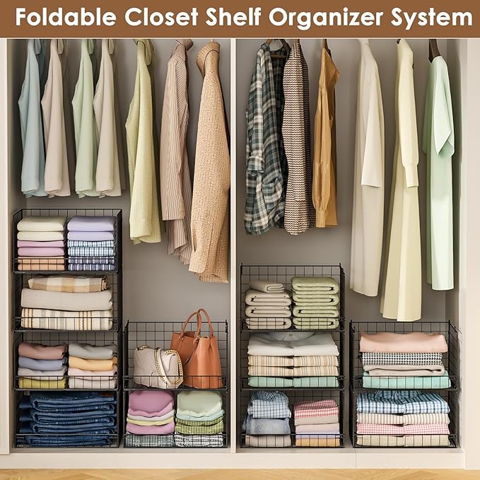 3-Tier Stackable Closet Organizers and Storage Shelves, Foldable Closet Shelf Organizer, Stackable Storage Bins Drawers for Closet Organizer System, Black(Patent Pending)