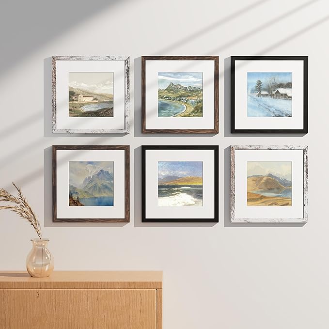 Vittanly 12x12 Picture Frames Set of 9, Display 8x8 Pictures with Mat or 12x12 without Mat, Photo Frames for Wall Mount, Engineered Wood, Black&Brown&Distressed White