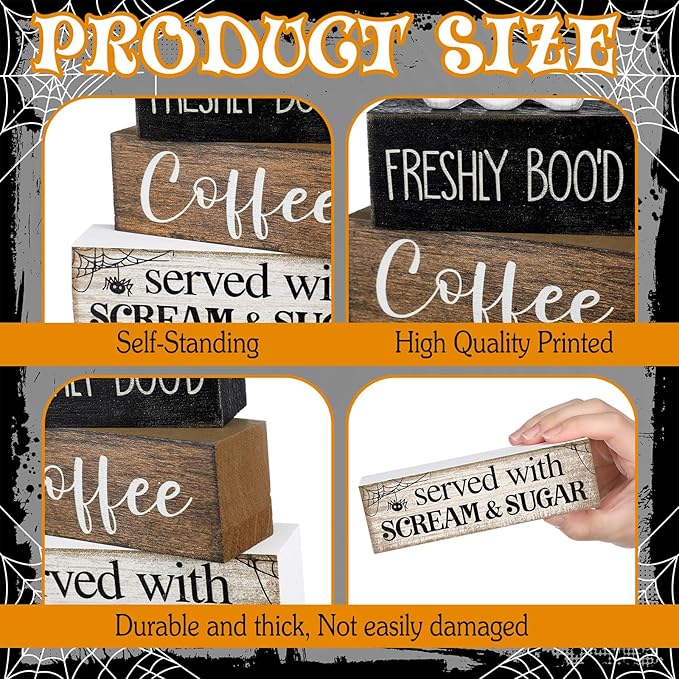 Lineshading 4 Pcs Halloween Table Decor Coffee Ghost Wooden Sign Halloween Tiered Tray Decor Farmhouse Ghost Tabletop Centerpiece Decorative Coffee Bar Block Signs for Home Office Kitchen Shelf