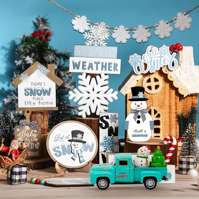 Vintage Blue Christmas Truck Decor – 4.9″Retro Die-Cast Metal Pickup with Snowman and Christmas Tree Figurines for Xmas Town Village Accessories Set Display Home indoor Decoration Gift(Xmas-Blue)