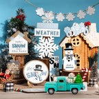 Vintage Blue Christmas Truck Decor – 4.9″Retro Die-Cast Metal Pickup with Snowman and Christmas Tree Figurines for Xmas Town Village Accessories Set Display Home indoor Decoration Gift(Xmas-Blue)