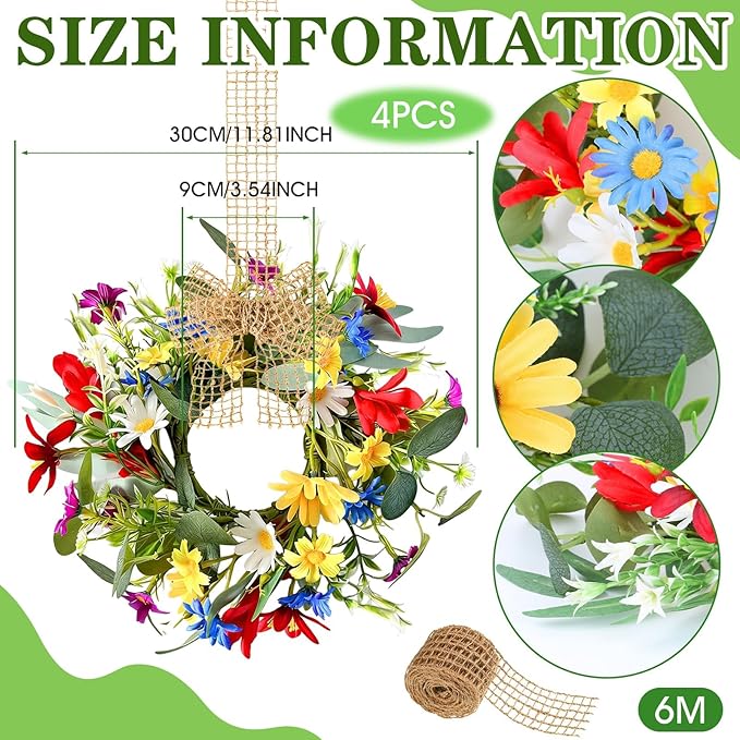 4 PCS 9'' Mini Floral Kitchen Cabinet Wreath Small Artificial Spring Summer Wreath for Front Door with Burlap Ribbon Sunflowers Daisy Butterfly Hanging Farmhouse Wreaths for Porch Wall Window Decor