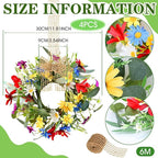 4 PCS 9'' Mini Floral Kitchen Cabinet Wreath Small Artificial Spring Summer Wreath for Front Door with Burlap Ribbon Sunflowers Daisy Butterfly Hanging Farmhouse Wreaths for Porch Wall Window Decor