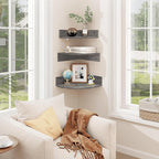 Homode Corner Floating Shelves, Set of 3 Corner Wall Shelves for Storage and Display, 3 Tier Wood Hanging Shelf Organizer for Cable Box, for Bedroom, Bathroom, Kitchen, Rustic Grey