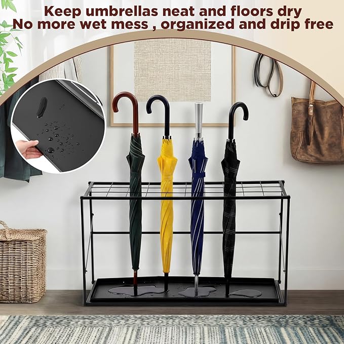 Colingmill Folding Umbrella Storage Stand Rack Holder Organizer Free Standing Umbrella Rack with Removable Drip Tray for Entryway Home Office Hotel Entry Hallway (L35.51 X W11.89 X H19.69 Inch)