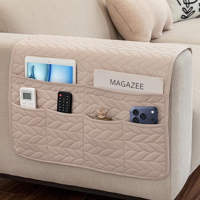 Remote Control Holder for Armchair, Couch Caddy Organizer TV Remote Holder for Recliner Couch With 6 Pockets, Non-Slip Arm Chair Caddy Bedside Table Organizer for Magazine, Tablet, Phone (Off-White)