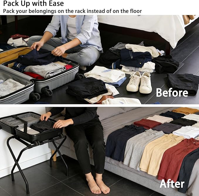 Luggage Rack Set of 2, Suitcase Stand, Luggage Racks for Guest Room, Hotel, Bedroom, Camping, Travel Suitcase Holder, Black Metal Frame, 27.5 x 14.2 x 20.7 Inches