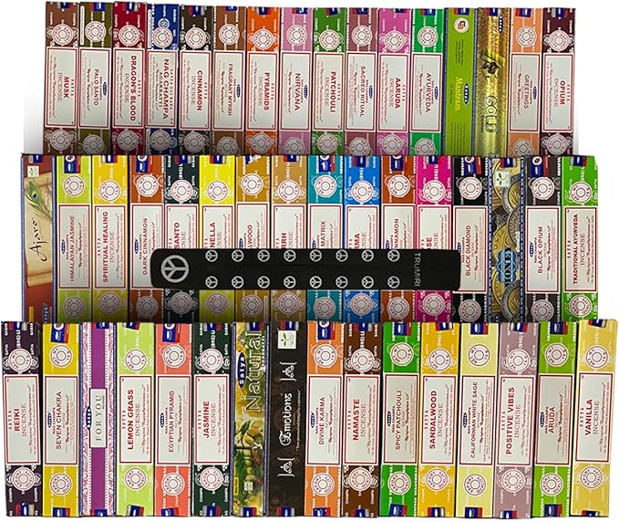 Satya Incense Sticks Variety Pack of 12 Randomly Selected Fragrances and Incense Stick Holder Bundle Total 180 Sticks