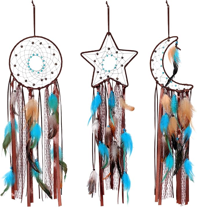 Jetec 3 Pcs Dream Catcher Moon Sun Star Design Handmade Traditional Design Craft Ornament Wall Art Hanging Home Decoration Bedroom Wedding (Dark Blue)