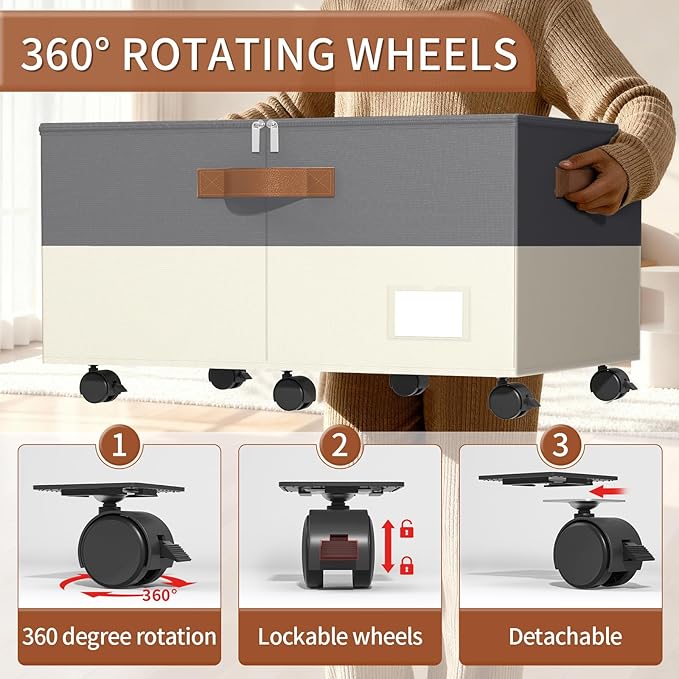 Shoe Organizer for Closet, Shoe Storage Organizer with Wheels and Adjustable Dividers, Stackable Shoe Storage Box with Clear Cover, Closet Shoe Organizer Fits up to 24-48 Pairs, Gray and Beige