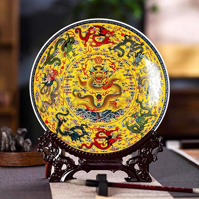 LIYAOLI Home Ceramic Decorative Plates for Display Feng Shui Decor Chinese Decorations Classical Colorful Flying Dragon Soaring Clouds Handmade Art Decor for Display Living Room Table