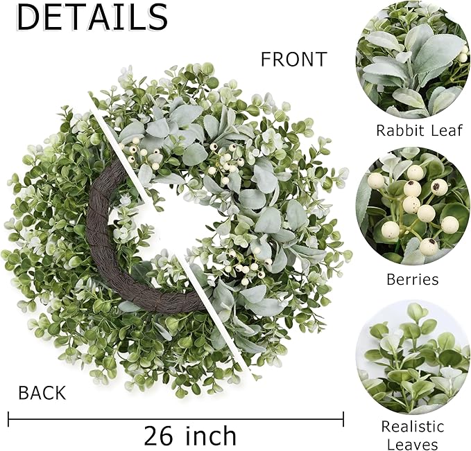 26 Inch Large Lambs Ear Wreaths for Front Door Spring Summer Lambs Leaves with White Berries, Artificial Greenery for Farmhouse Porch Wall Living Room Home Wedding Decor for All Seasons Wreaths