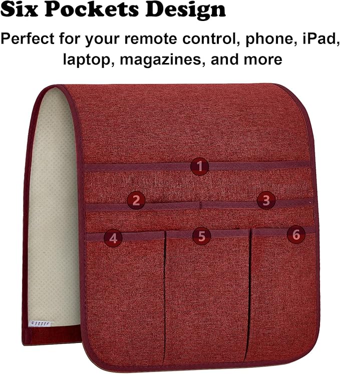 Teniux Remote Control Holder Armchair Caddy for Recliner Couch, Non-Slip Armrest Organizer with 5 Pockets for Magazine, Tablet, Phone, iPad (Red)
