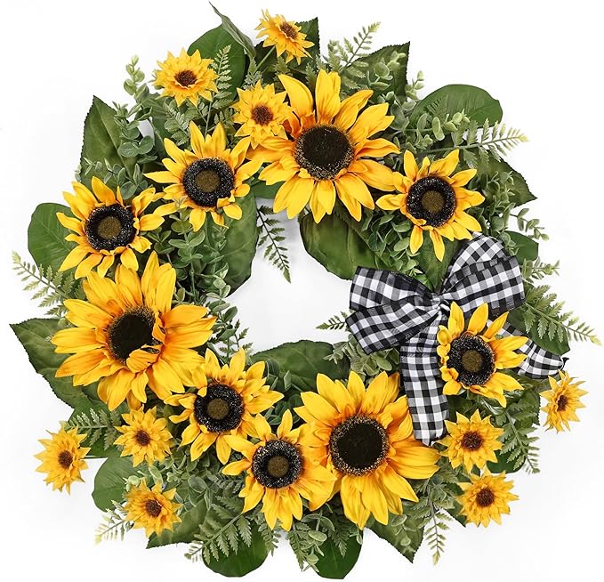24 Inch Large Sunflower Spring Summer Wreath for Front Door, All Season Wreath with Bow Wreaths for Unique Housewarming Gift, Porch Wall Farmhouse Home Wedding Holiday Decor