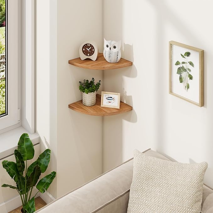 Fun Memories Corner Shelf Wall Mount, Solid Oak Wood Floating Corner Shelves with Cable Hole, 8.5in Rustic Design for Bedroom, Bathroom, Kitchen, Living Room (Natural, 1 Pack)