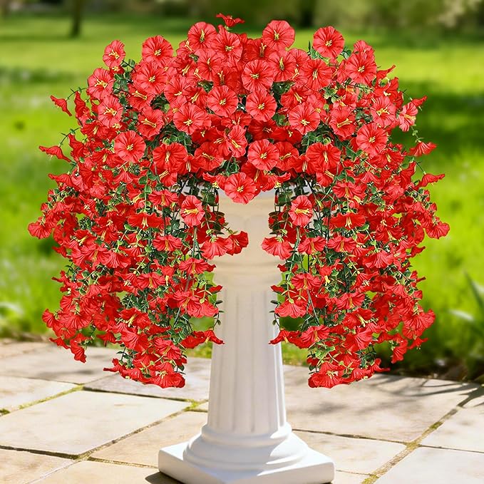 Artificial Hanging Flowers for Outdoors, 2 PCS UV Resistant Faux Silk 150 Morning Glory Each Trailing Vines, Fake Plants for Spring Outdoor Garden Planter Porch Patio Decoration, Red