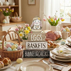 Lineshading 4 Pcs Easter Bunny Table Decoration Wooden Rustic Bunny 3-Tier Wooden Stacked Decor with 3D Hatching Rabbit Farmhouse Decor for Home Kitchen Dining Room, Easter Party Centerpiece Gift