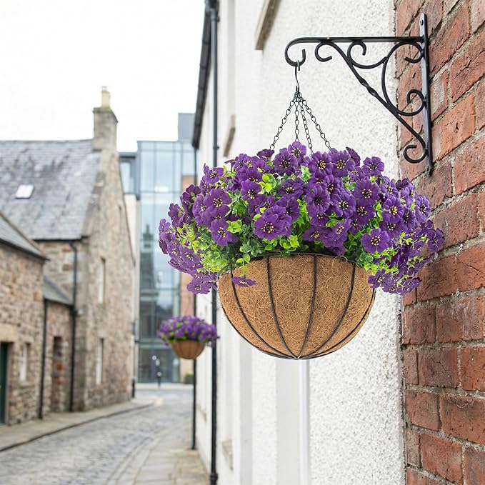 Hananona 2 Set Artificial Outdoor Flowers with Hanging Basket, 2 Hanging Planters with 24 Pcs Flowers for Spring Summer Front Porch Garden Patio Home Decor (2, Purple)