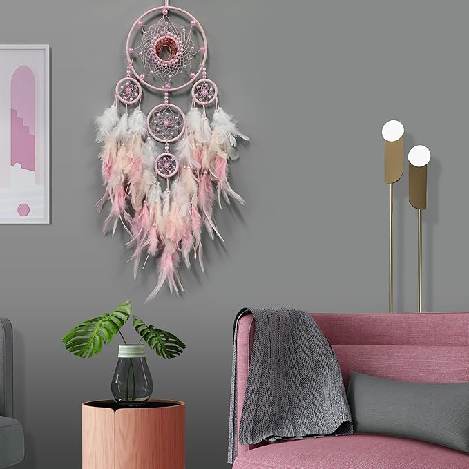 Large Dream Catchers,Crystal Life Tree,Dream Catcher for Girls,Sun Catcher,Dream Catchers for Adults,Boho Bedroom Decor,Handmade Feather Wall Decor Hanging Ornament,Hippie Gifts (Pink)