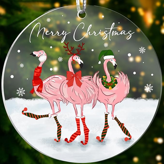 Jabihome Christmas Ornaments 2025, Exchange for Women, Men, Collectible Dated Year Ornaments for Tree, Unique Acrylic Suncatcher, Printed Stained Glass Effect Decor (Flamingo)