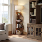Evermagin 4 Tier Corner Shelf with Light, 64'' Tall Corner Bookshelf with Unique Shape, Stylish Wavy Bookcase Tower with Storage Organizer for Small Space, Living Room, Bedroom (Rustic Brown)