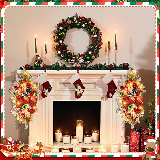 Lyrow 4 Pcs Cordless Prelit Christmas Artificial Swags 24" Xmas Stairway Swag Teardrop Trim Christmas Staircase Decoration Battery Operated Garland Indoor Outdoor Railing Decor(Classic Style)